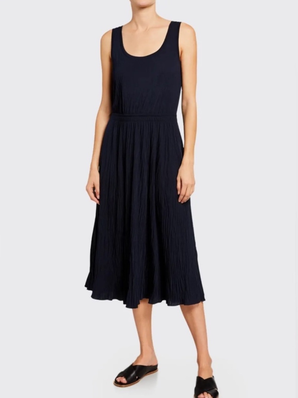 Vince Jersey Pleated Midi Dress Size M Midnight Blue Scoop Neck Lined